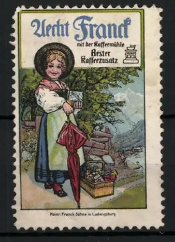 Reklamemarke Ludwigsburg, Aecht Franck Kaffee, Mädchen mit Kaffeemühle