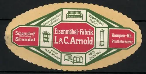 Reklamemarke Schorndorf, Eisenmöbel-Fabrik L. & C. Arnold, 1871 gegründet