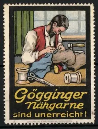 Reklamemarke Göggingen, Gögginger Nähgarne, Schneider mit Garnrollen
