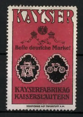 Reklamemarke Kaiserslautern, Kayserfabrik AG, Nähmaschine und Fahrrad