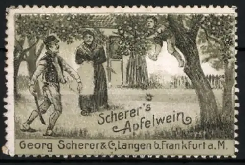 Reklamemarke Langen b. Frankfurt a. M., Scherer`s Apfelwein, Mann mit Kind im Apfelbaum