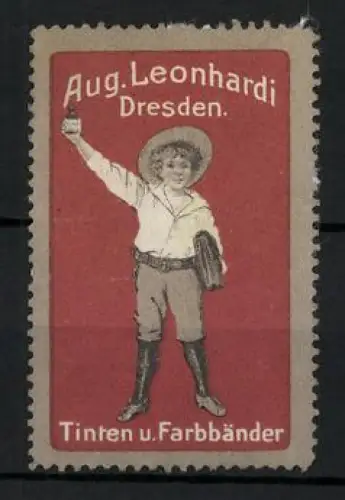 Reklamemarke Dresden, Aug. Leonhardi, Junge mit Tintenglas