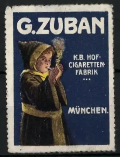 Künstler-Reklamemarke Ludwig Hohlwein, München, G. Zuban Zigaretten-Fabrik, Münchner Kindl raucht