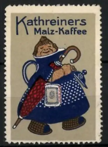 Reklamemarke Kathreiners Malz-Kaffee, Teekannenfigur mit Regenschirm