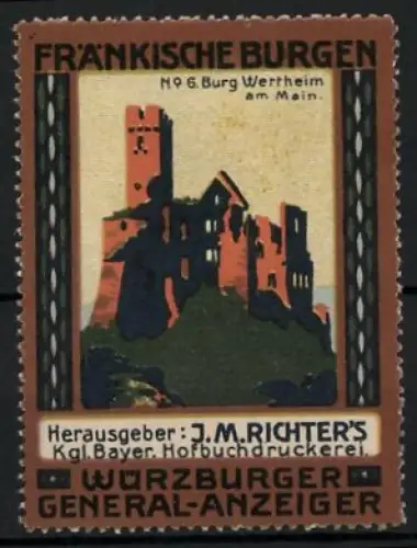 Reklamemarke Würzburg, General-Anzeiger, Fränkische Burgen Nr. 6 Burg Wertheim, Burgsilhouette