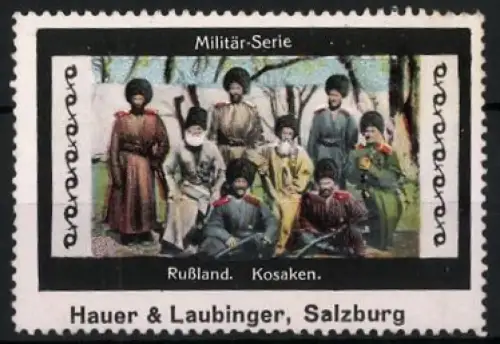 Reklamemarke Russland. Kosaken, Militär-Serie, Kameraden mit Ausrüstung