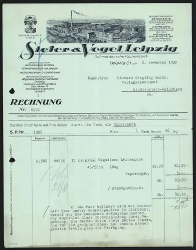 Rechnung Leipzig 1929, Sieler & Vogel, Papierfabrik, Fabrikgelände aus der Vogelschau