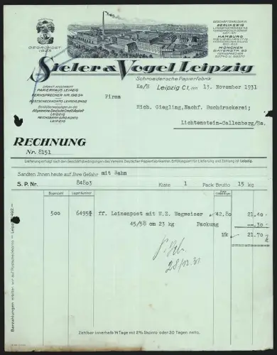 Rechnung Leipzig 1931, Sieler & Vogel, Schroedersche Papierfabrik, Fabrikgelände aus der Vogelschau