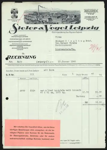 Rechnung Leipzig 1940, Sieler & Vogel, Schroedersche Papierfabrik, Werksgelände