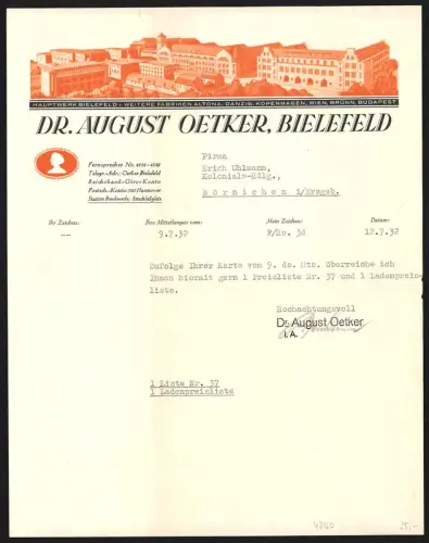 Rechnung Bielefeld 1932, Dr. August Oetker, Gesamtansicht der Fabrik