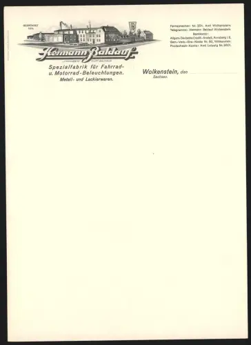 Rechnung Wolkenstein, Hermann Baldauf, Spezialfabrik für Fahrrad- u. Motorrad-Beleuchtungen, Werksgelände