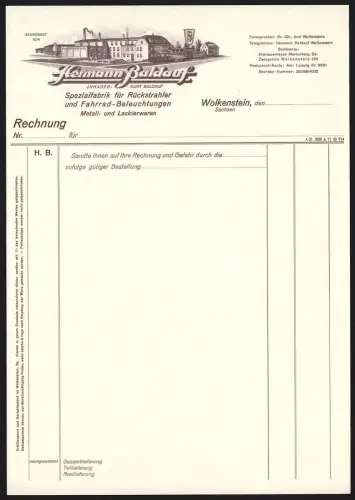 Rechnung Wolkenstein, Hermann Baldauf, Spezialfabrik für Fahrrad- u. Motorrad-Beleuchtungen, Werksgelände