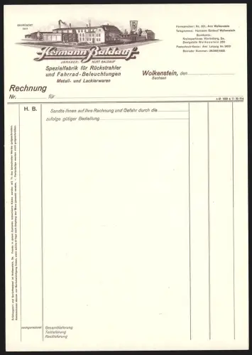 Rechnung Wolkenstein, Hermann Baldauf, Spezialfabrik für Fahrrad- u. Motorrad-Beleuchtungen, Werksgelände