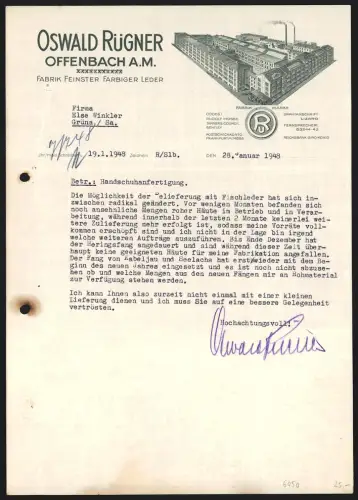 Rechnung Offenbach a. M. 1948, Oswald Rügner, Fabrik feinster farbiger Leder, Ansicht der Fabrik
