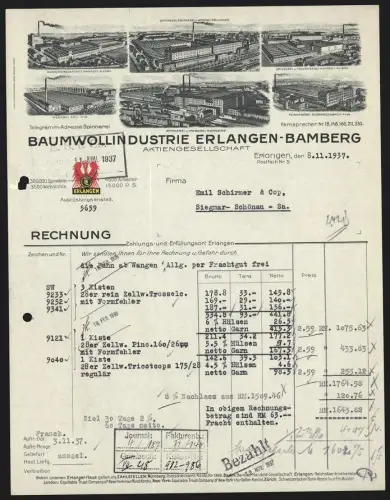 Rechnung Erlangen 1937, Baumwollindustrie Erlangen-Bamberg Aktiengesellschaft, Ansicht von 6 Fabriken