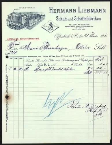 Rechnung Offenbach a. M. 1911, Hermann Liebmann, Schuh- und Schäftefabriken, Schuhfabrikation, Blick auf das Werk