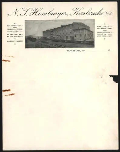 Rechnung Karlsruhe, N. J. Homburger, Melassefutterwerk, Blick auf das Fabriksgebäude mit Gleisanlagen
