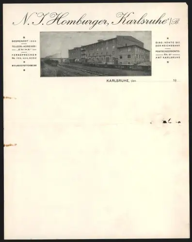 Rechnung Karlsruhe, N. J. Homburger, Melassefutterwerk, Blick auf das Fabriksgebäude mit Gleisanlagen