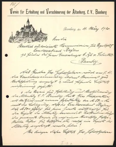 Briefkopf Bamberg 1920, Verein für Erhaltung und Verschönerung der Altenburg e.V., Blick auf die Altenburg