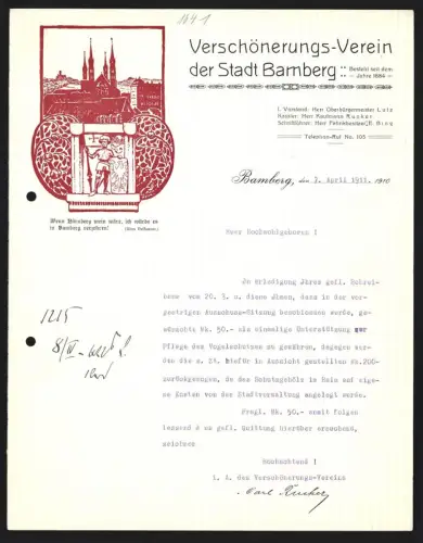 Briefkopf Bamberg 1911, Verschönerungs-Verein der Stadt Bamberg, Silhouette der Stadt mit Fahnenträger
