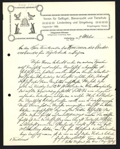 Briefkopf Lindenberg /Allgäu, Verein für Geflügel-, Binenzucht und Tierschutz, Bienenkorb, Hasen und Geflügel