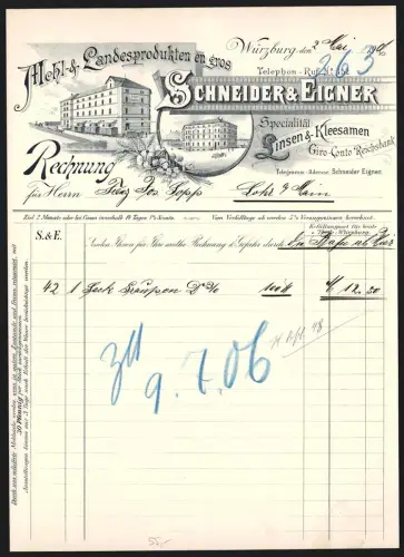 Rechnung Würzburg 1906, Schneider & Eigner, Mehl u. Landesproduktion en gros, Linsen & Kleesamen, Ansicht der Fabrik