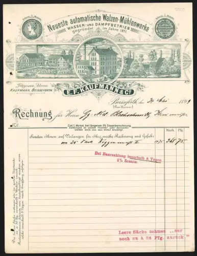 Rechnung Beiseförth 1899, E. F. Kaufmann & Co., Automat. Walzen-Mühlenwerk, Blick auf das Fabriksgelände