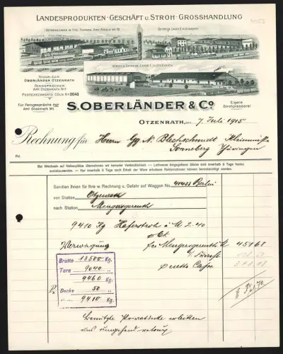 Rechnung Otzenrath 1915, S. Oberländer & Co., Stroh-Grosshandlung, Getreidelager in Titz und Lager II in Otzenrath