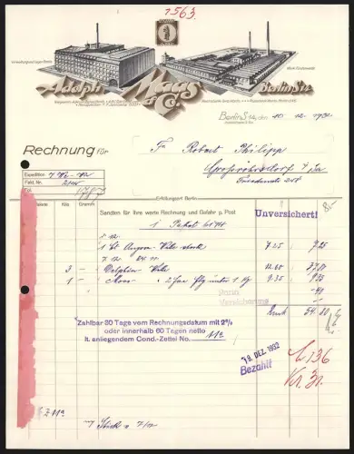 Rechnung Berlin 1932, Adolph Maas & Co., Verwaltung und Lager Berlin, Werk in Fürstenwalde