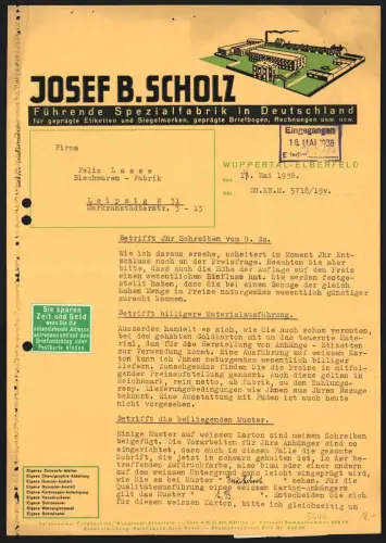 Briefkopf Wuppertal-Elberfeld 1938, Josef B. Scholz, Fabrik für Etiketten, Siegelmarken, Briefbögen, Werksgelände