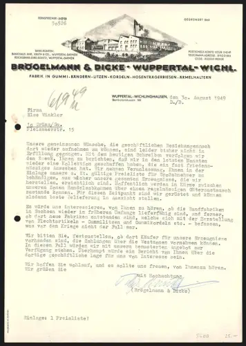 Briefkopf Wuppertal-Wichlinghausen 1949, Brögelmann & Dicke, Fabrik f. Gummibänder, Litzen, Kordeln, Werksansicht