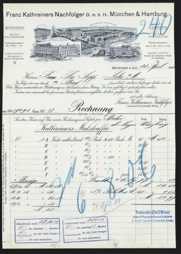 Rechnung München 1906, Franz Kathreiners Nachfolger G.m.b.H., Kaffeerösterei, verschiedene Werksansichten