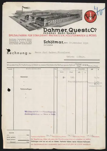 Rechnung Schötmar 1938, Dahmer & Quest & Co., Spezialfabrik für Stahldraht-Matrazen und Möbel, Werksgelände