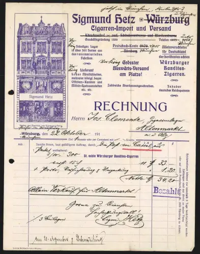 Rechnung Würzburg, Sigmund Hetz, Cigarren-Import und Versand, Neubau von Sigmund Hetz