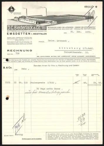 Rechnung Emsdetten i. Westfalen 1939, J. C. Biederlack & Co., Mechan. Leinen- u. Juteweberei, Färberei, Werksgelände