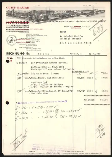 Rechnung Aue i. Sa. 1939, Curt Bauer, Weberei, Bleicherei, Färberei, Appretur-Anstalt, Werke in Aue und Eibau