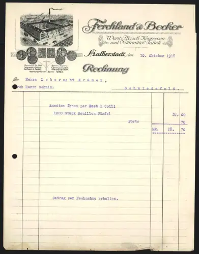 Rechnung Halberstadt 1916, Ferchland & Becker, Wurst-, Fleisch-, Konserven und Nährmittel-Fabrik, Ansicht vom Werk