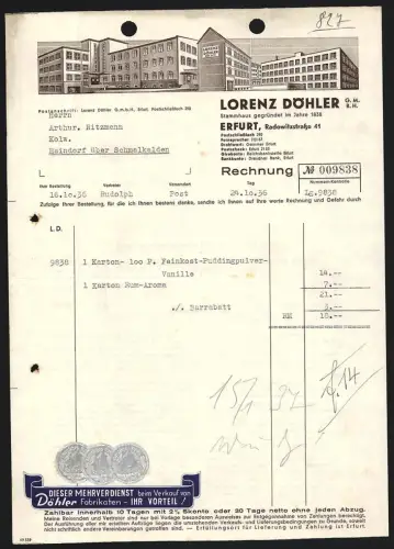 Rechnung Erfurt 1936, Lorenz Döhler, Fabrik für Feinkost und Aromen, Ansicht der Werksgebäude