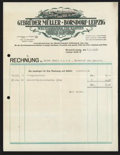Rechnung Borsdorf-Leipzig 1936, Gebrüder Müller, Fabrik für Fahrräder, Zubehörteile, Nähmaschinen, Werksgelände