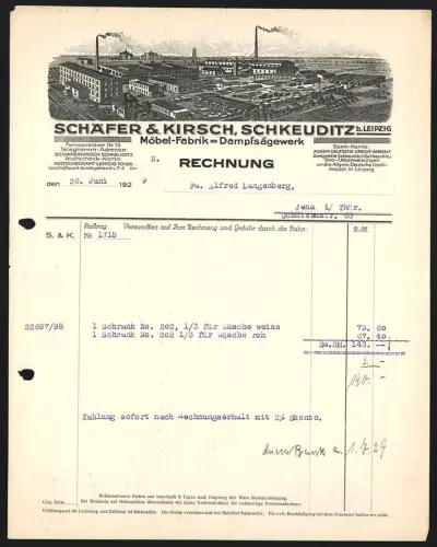 Rechnung Schkeuditz b. Leipzig 1929, Möbel-Fabrik, Dampfsägewerk, Gesamtansicht vom Werksgelände