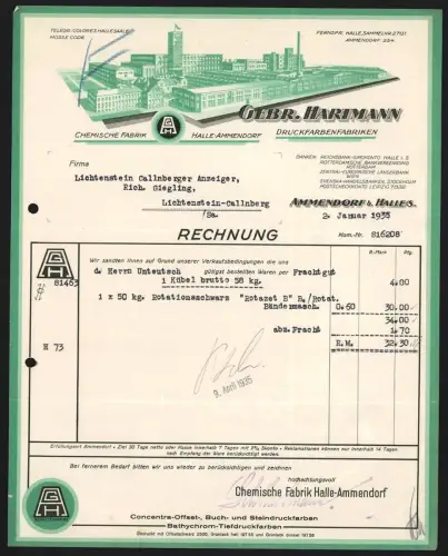 Rechnung Ammendorf b. Halle 1935, Gebr. Hartmann, Chemische Fabrik, Druckfarbenfabriken, Werksgelände