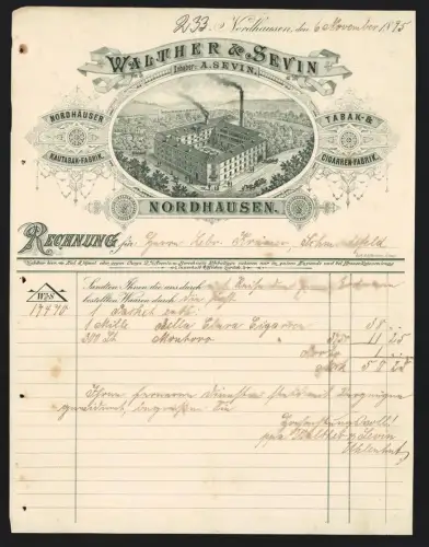 Rechnung Nordhausen 1895, Walther & Sevin, Tabak- & Cigarren-Fabrik, Blick auf das Werk aus der Vogelschau