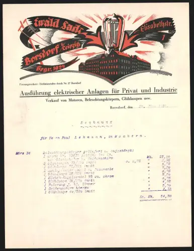 Rechnung Borsdorf 1934, Ewald Sack, Elektr. Anlagen, Motoren, Beleuchtungskörper, Glühlampen, Werk und Glühbirne