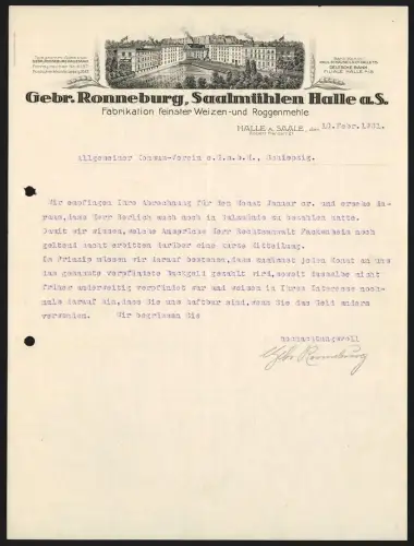 Rechnung Halle /Saale 1931, Gebr. Ronneburg, Fabrikation feinster Weizen- und Roggenmehle, Blick auf die Fabrik
