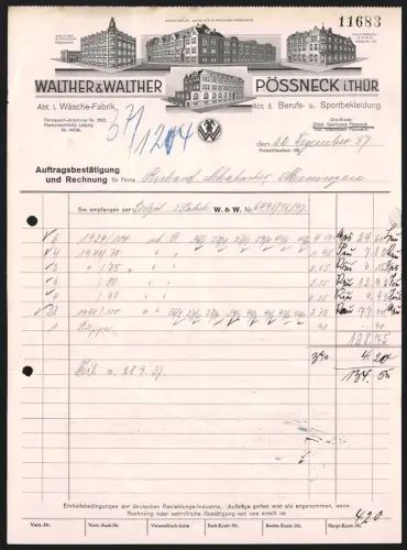 Rechnung Pössneck i. Thür., Walther & Walther, Wäsche-Fabrik, Berufs- u. Sportkleidung, Ansicht der vier Werke