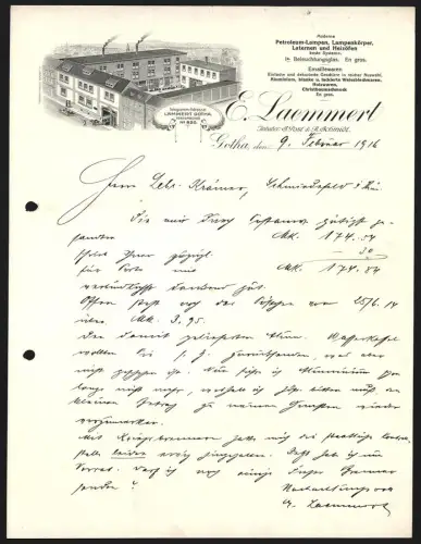 Rechnung Gotha 1916, E. Laemmert, Fabrik für Petroleum-Lampen, Laternen und Heizöfen, Werksgelände