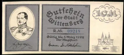 Notgeld Wittenberg 1922, 10 Mark, Porträt Friedrich Wilhelm III., Lutherdenkmal-Einweihung 1821