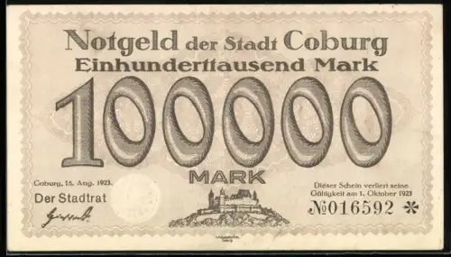 Notgeld Coburg 1923, 100.000 Mark, Schlossansicht