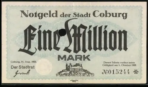Notgeld Coburg 1923, 1 Million Mark, Stadtsilhouette unter Schriftzug