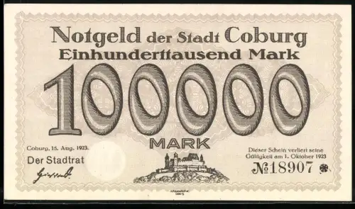 Notgeld Coburg 1923, 100.000 Mark, Schlossansicht und grossflächige Wertangabe